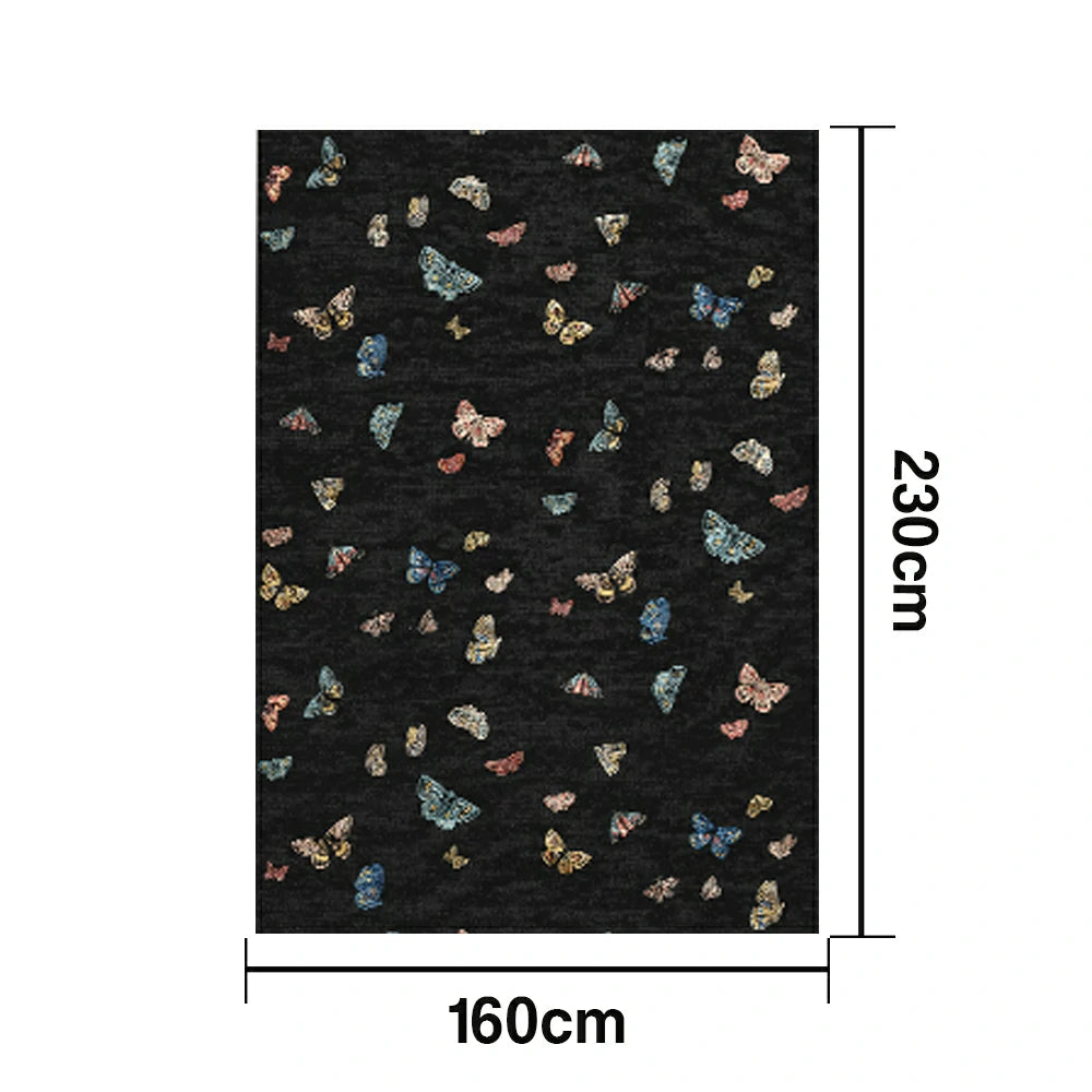 LIVARA 160/200cm Butterfly Print Loop-Pile Rug - Upgraded Non-Slip Eco Cotton-Latex Backing - Waterproof, Stain-Resistant, Soft & Durable - Black