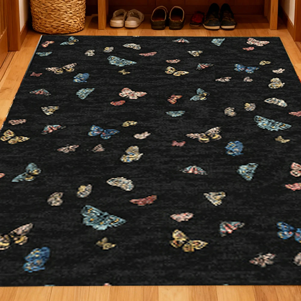 LIVARA 160/200cm Butterfly Print Loop-Pile Rug - Upgraded Non-Slip Eco Cotton-Latex Backing - Waterproof, Stain-Resistant, Soft & Durable - Black