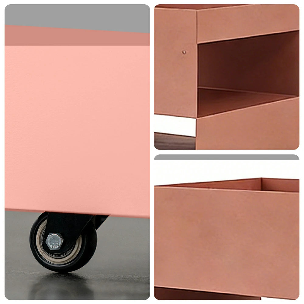 LIVARA Mobile Bedside Storage Trolley - Compact 3-Tier Design with Smooth-Rolling Wheels, Space-Saving Organizer for Bedroom & Living Room - Pink