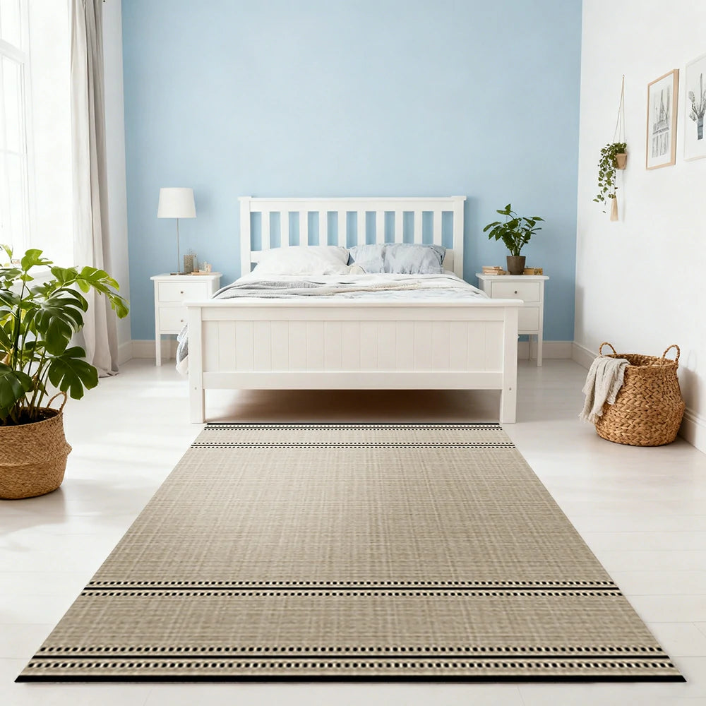 LIVARA 160/200cm Minimalist Border-Stripe Loop-Pile Rug - Upgraded Non-Slip Eco Cotton-Latex Backing - Waterproof, Stain-Resistant, Soft & Durable - Beige Black