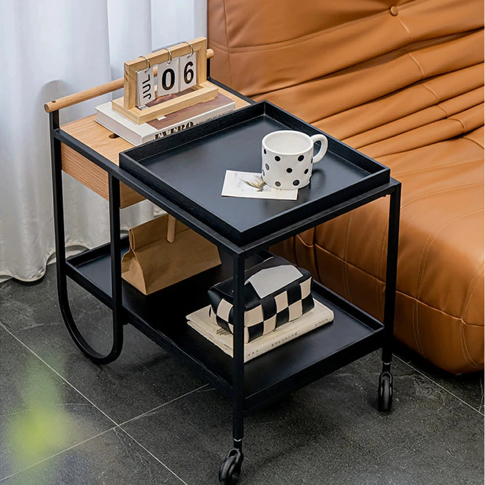 LIVARA Mobile Side Table Trolley - Compact 2-Tier Design with Wooden Tray, Smooth-Rolling Wheels, Space-Saving Bedside & Sofa Use - White