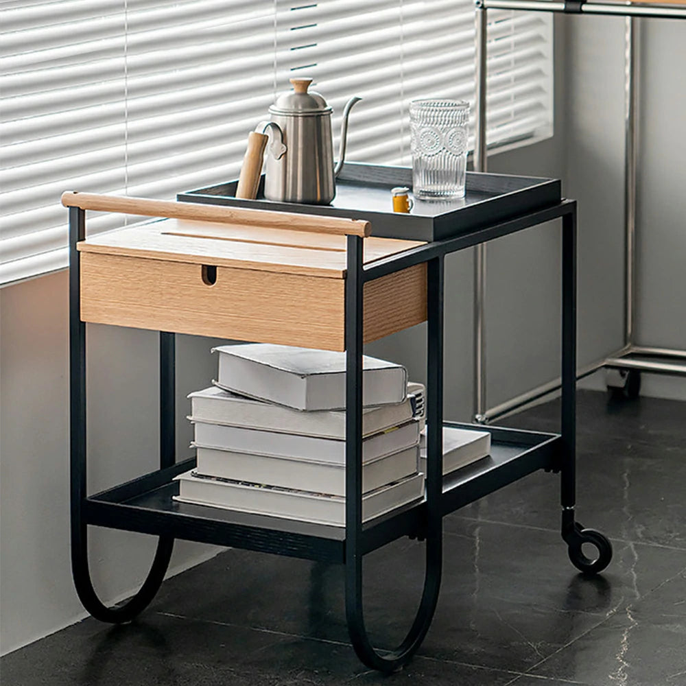 LIVARA Mobile Side Table Trolley - Compact 2-Tier Design with Wooden Tray, Smooth-Rolling Wheels, Space-Saving Bedside & Sofa Use - White