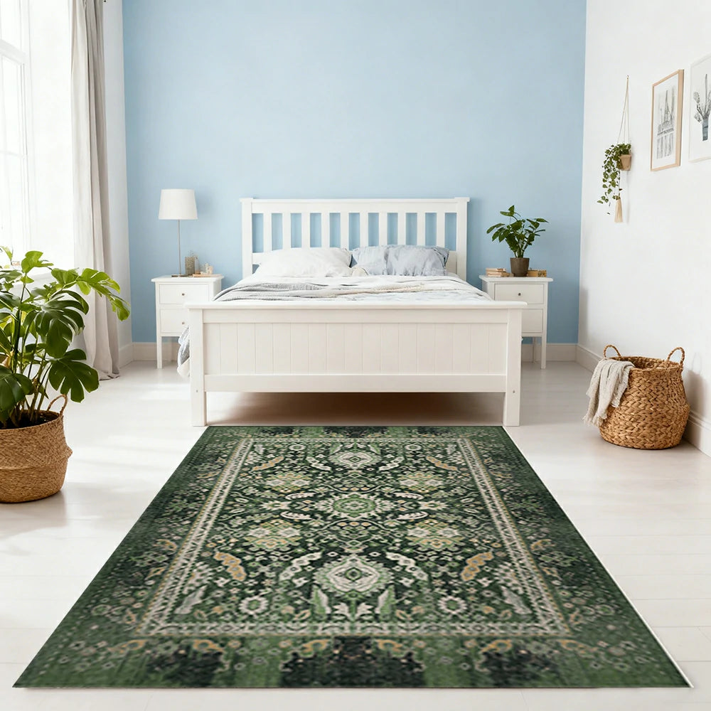 LIVARA 160/200cm Vintage Palace Loop-Pile Rug - Upgraded Non-Slip Eco Cotton-Latex Backing - Waterproof, Stain-Resistant, Soft & Durable - Green