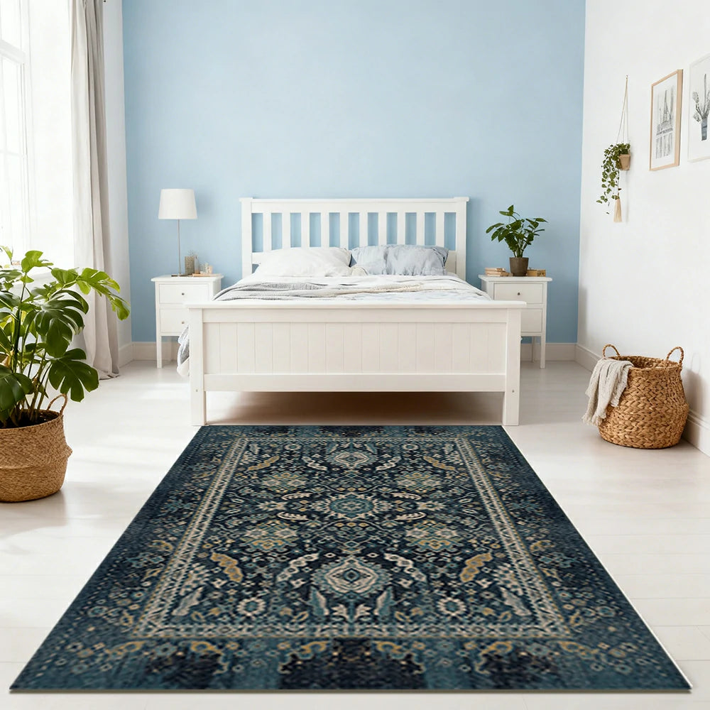 LIVARA 160/200cm Vintage Palace Loop-Pile Rug - Upgraded Non-Slip Eco Cotton-Latex Backing - Waterproof, Stain-Resistant, Soft & Durable - Blue