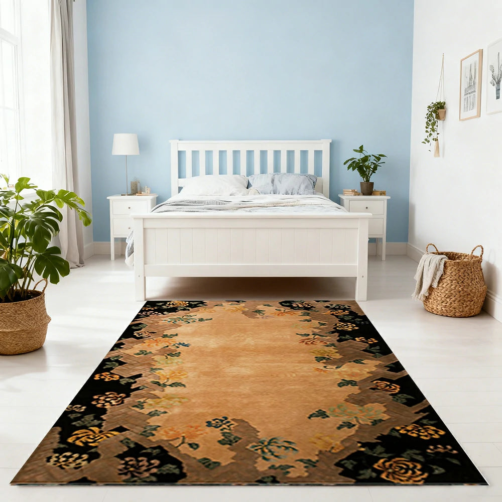 LIVARA 160/200cm Vintage Floral Border Loop-Pile Rug - Upgraded Non-Slip Eco Cotton-Latex Backing - Waterproof, Stain-Resistant, Soft & Durable - Brown Black