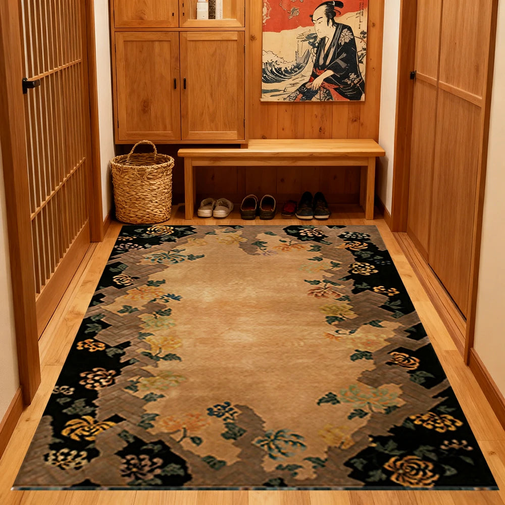 LIVARA 160/200cm Vintage Floral Border Loop-Pile Rug - Upgraded Non-Slip Eco Cotton-Latex Backing - Waterproof, Stain-Resistant, Soft & Durable - Brown Black