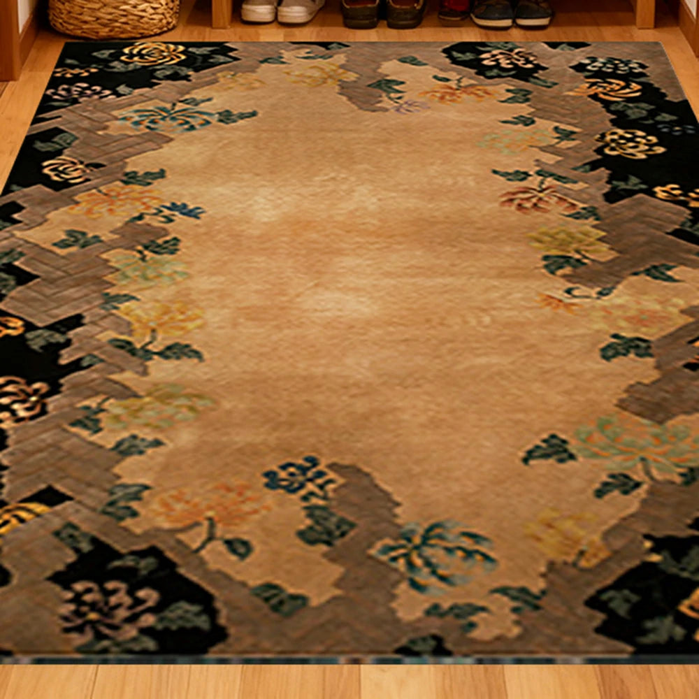 LIVARA 160/200cm Vintage Floral Border Loop-Pile Rug - Upgraded Non-Slip Eco Cotton-Latex Backing - Waterproof, Stain-Resistant, Soft & Durable - Brown Black