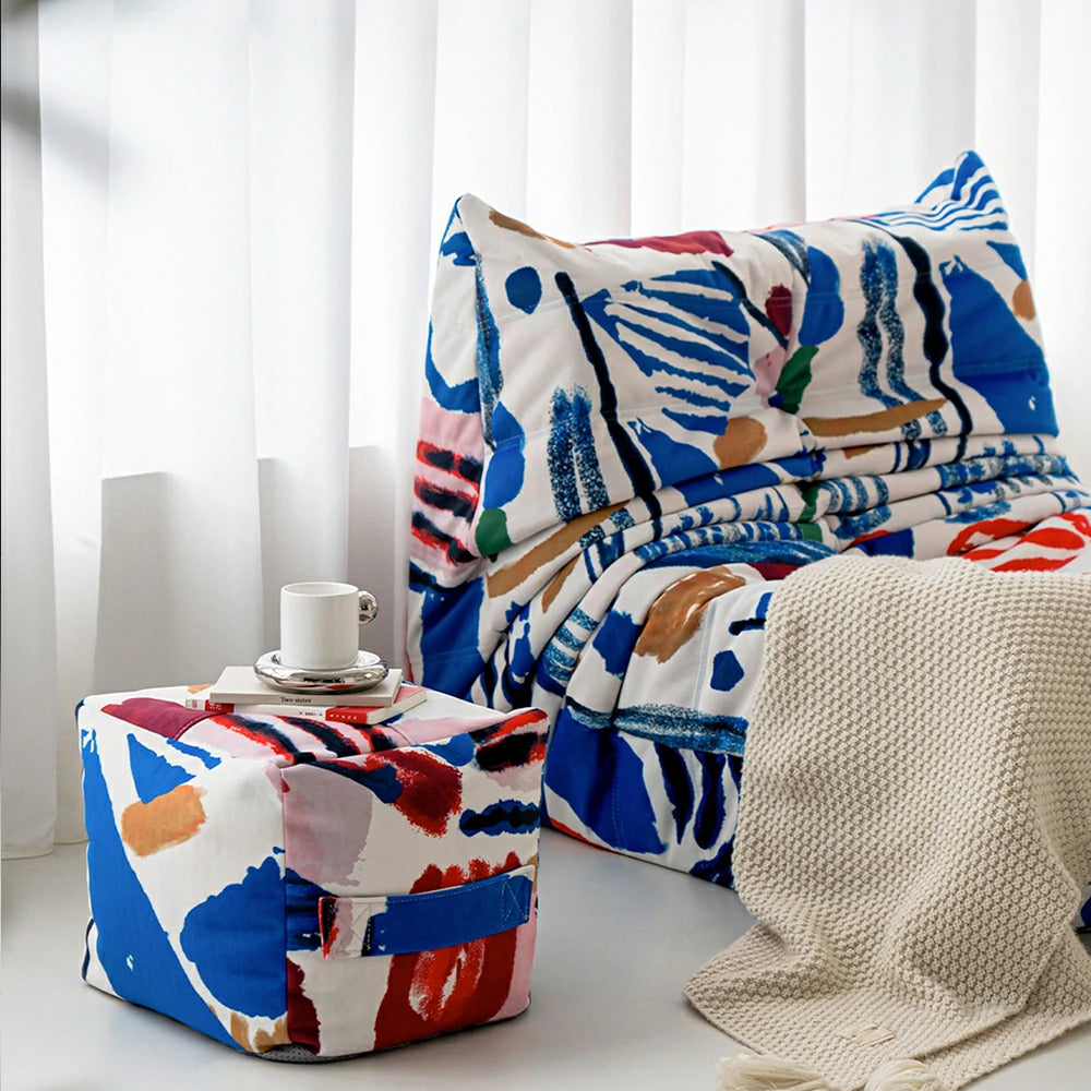 LIVARA Modern Caterpillar Bean Bag Sofa Set - Artistic Printed Upholstery with Matching Ottoman, Deep Cushioning, Lounge Chair for Living Room & Relax Space - White