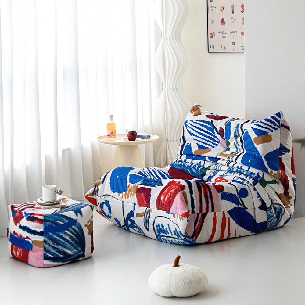 LIVARA Modern Caterpillar Bean Bag Sofa Set - Artistic Printed Upholstery with Matching Ottoman, Deep Cushioning, Lounge Chair for Living Room & Relax Space - White