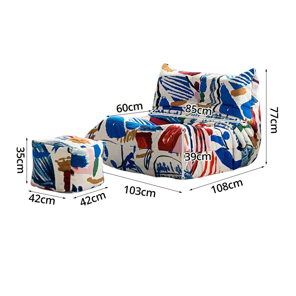 LIVARA Modern Caterpillar Bean Bag Sofa Set - Artistic Printed Upholstery with Matching Ottoman, Deep Cushioning, Lounge Chair for Living Room & Relax Space - White
