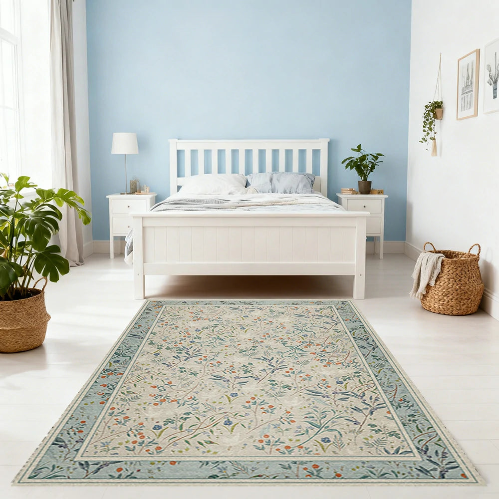 LIVARA 160/200cm Floral Vintage Loop-Pile Rug - Upgraded Non-Slip Eco Cotton-Latex Backing - Waterproof, Stain-Resistant, Soft & Durable - Light Blue