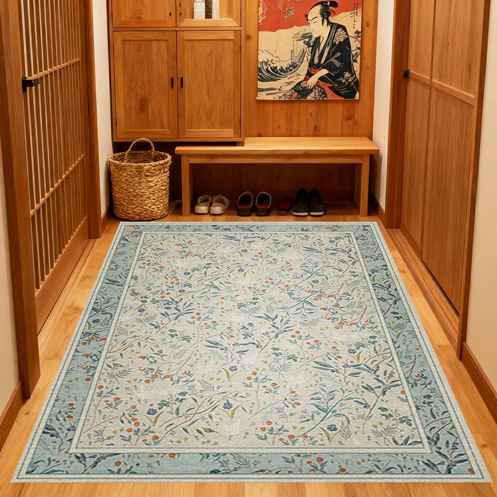 LIVARA 160/200cm Floral Vintage Loop-Pile Rug - Upgraded Non-Slip Eco Cotton-Latex Backing - Waterproof, Stain-Resistant, Soft & Durable - Light Blue