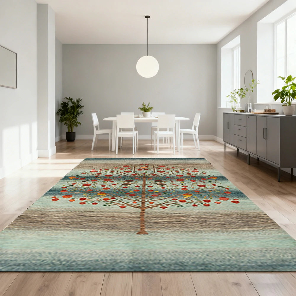 LIVARA 160/200cm Tree-of-Life Gabbeh Loop-Pile Rug - Upgraded Non-Slip Eco Cotton-Latex Backing - Waterproof, Stain-Resistant, Soft & Durable - Blue