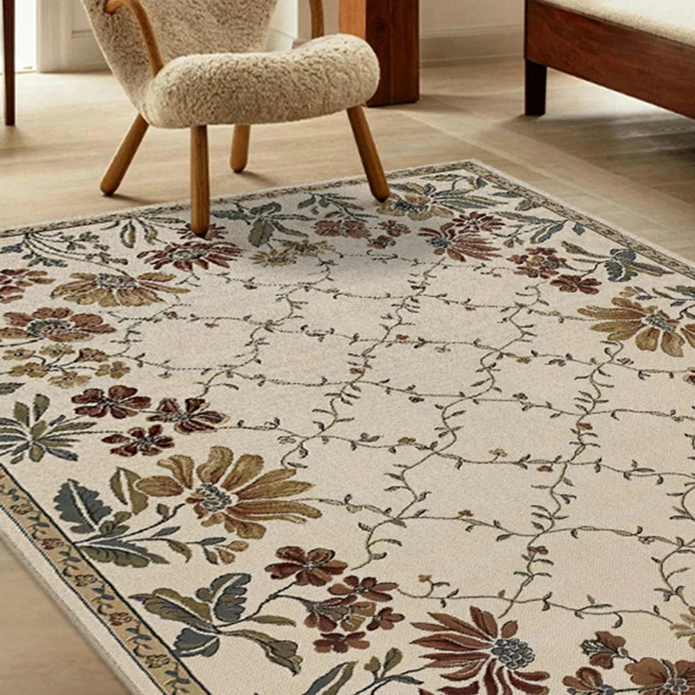 LIVARA 160/200cm Vintage Floral Border Loop-Pile Rug - Upgraded Non-Slip Eco Cotton-Latex Backing - Waterproof, Stain-Resistant, Soft & Durable - Beige