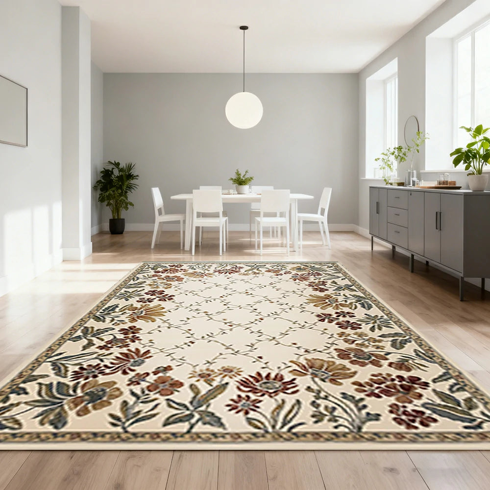 LIVARA 160/200cm Vintage Floral Border Loop-Pile Rug - Upgraded Non-Slip Eco Cotton-Latex Backing - Waterproof, Stain-Resistant, Soft & Durable - Beige