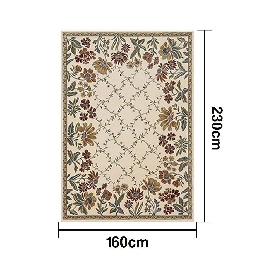 LIVARA 160/200cm Vintage Floral Border Loop-Pile Rug - Upgraded Non-Slip Eco Cotton-Latex Backing - Waterproof, Stain-Resistant, Soft & Durable - Beige