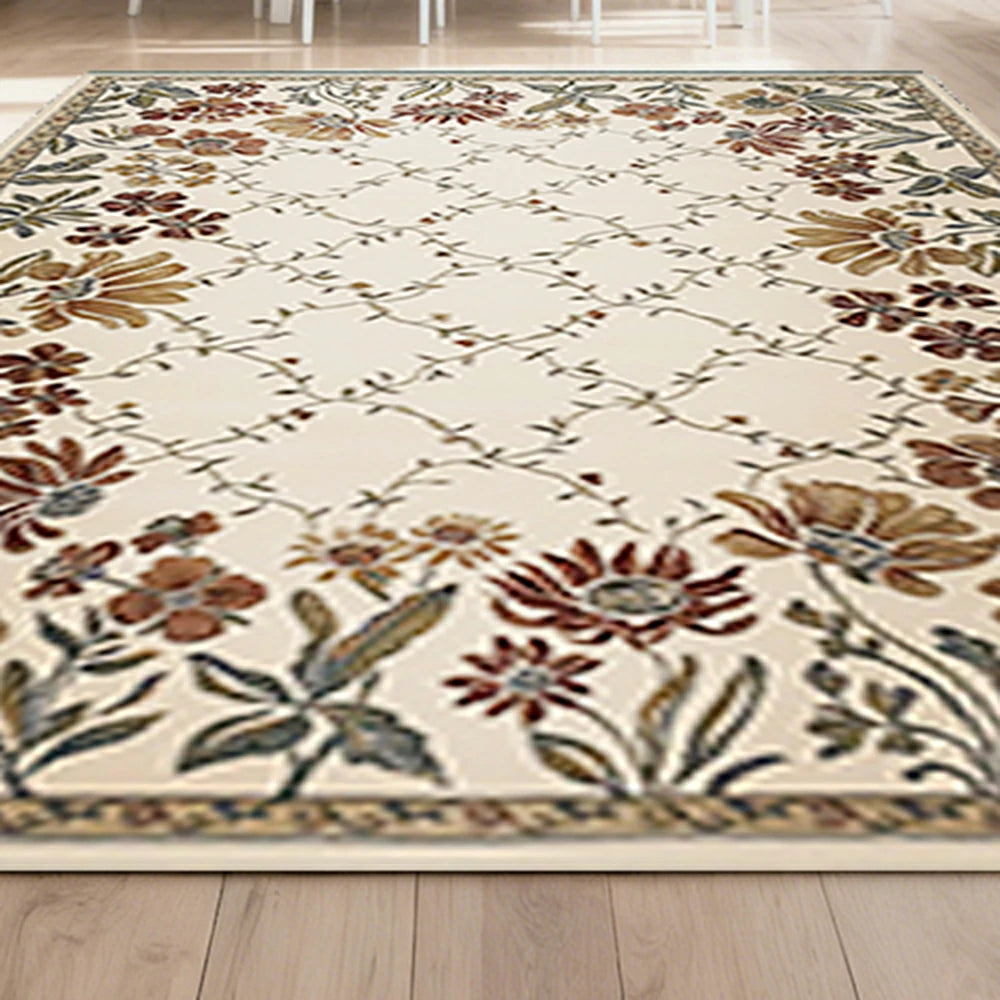 LIVARA 160/200cm Vintage Floral Border Loop-Pile Rug - Upgraded Non-Slip Eco Cotton-Latex Backing - Waterproof, Stain-Resistant, Soft & Durable - Beige