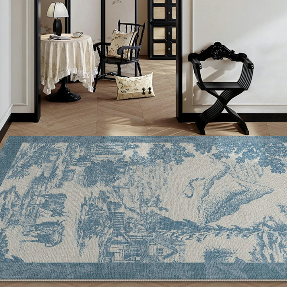 LIVARA 160/200cm Pastoral Scenic Illustration Loop-Pile Rug - Upgraded Non-Slip Eco Cotton-Latex Backing - Waterproof, Stain-Resistant, Soft & Durable - Blue
