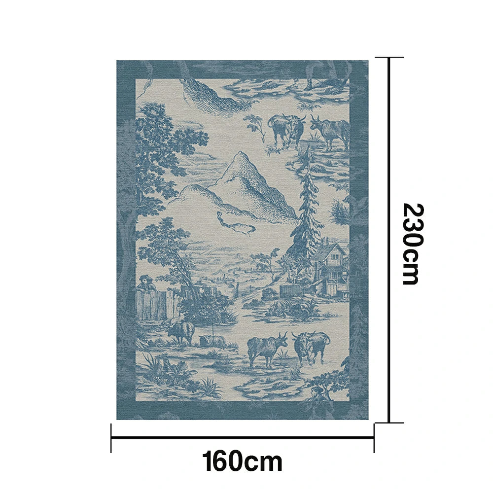 LIVARA 160/200cm Pastoral Scenic Illustration Loop-Pile Rug - Upgraded Non-Slip Eco Cotton-Latex Backing - Waterproof, Stain-Resistant, Soft & Durable - Blue