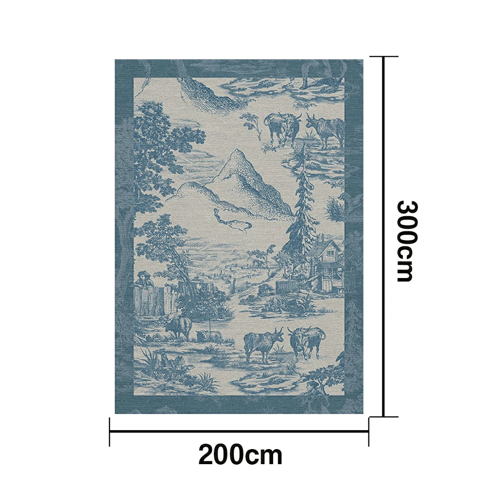 LIVARA 160/200cm Pastoral Scenic Illustration Loop-Pile Rug - Upgraded Non-Slip Eco Cotton-Latex Backing - Waterproof, Stain-Resistant, Soft & Durable - Blue