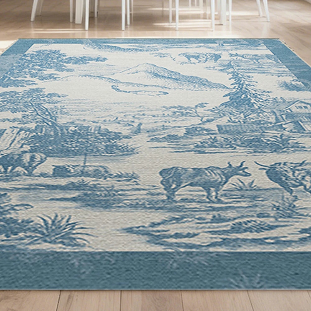 LIVARA 160/200cm Pastoral Scenic Illustration Loop-Pile Rug - Upgraded Non-Slip Eco Cotton-Latex Backing - Waterproof, Stain-Resistant, Soft & Durable - Blue
