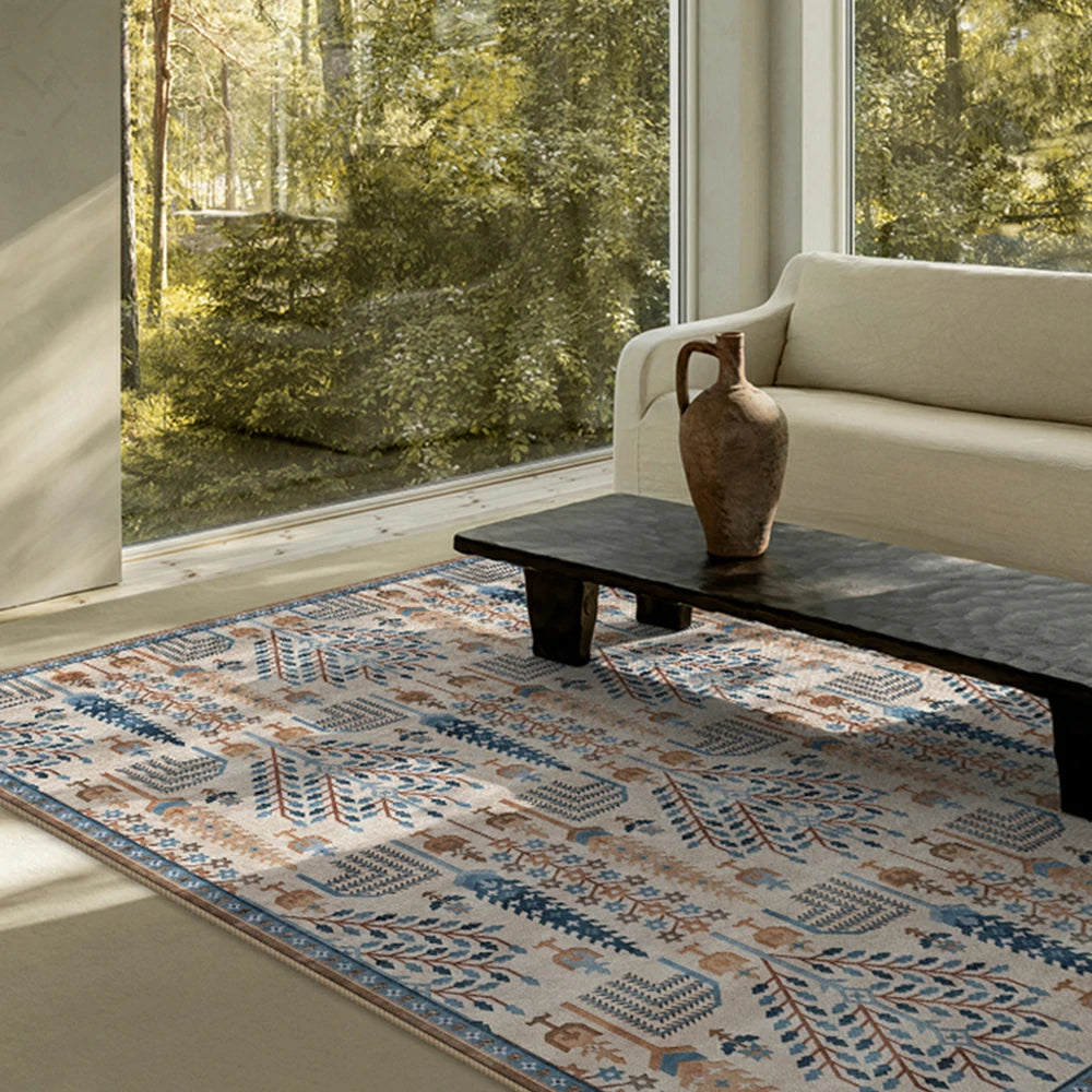 LIVARA 160/200cm Gabbeh Tree-Pattern Loop-Pile Rug - Upgraded Non-Slip Eco Cotton-Latex Backing - Waterproof, Stain-Resistant, Soft & Durable - Beige Blue