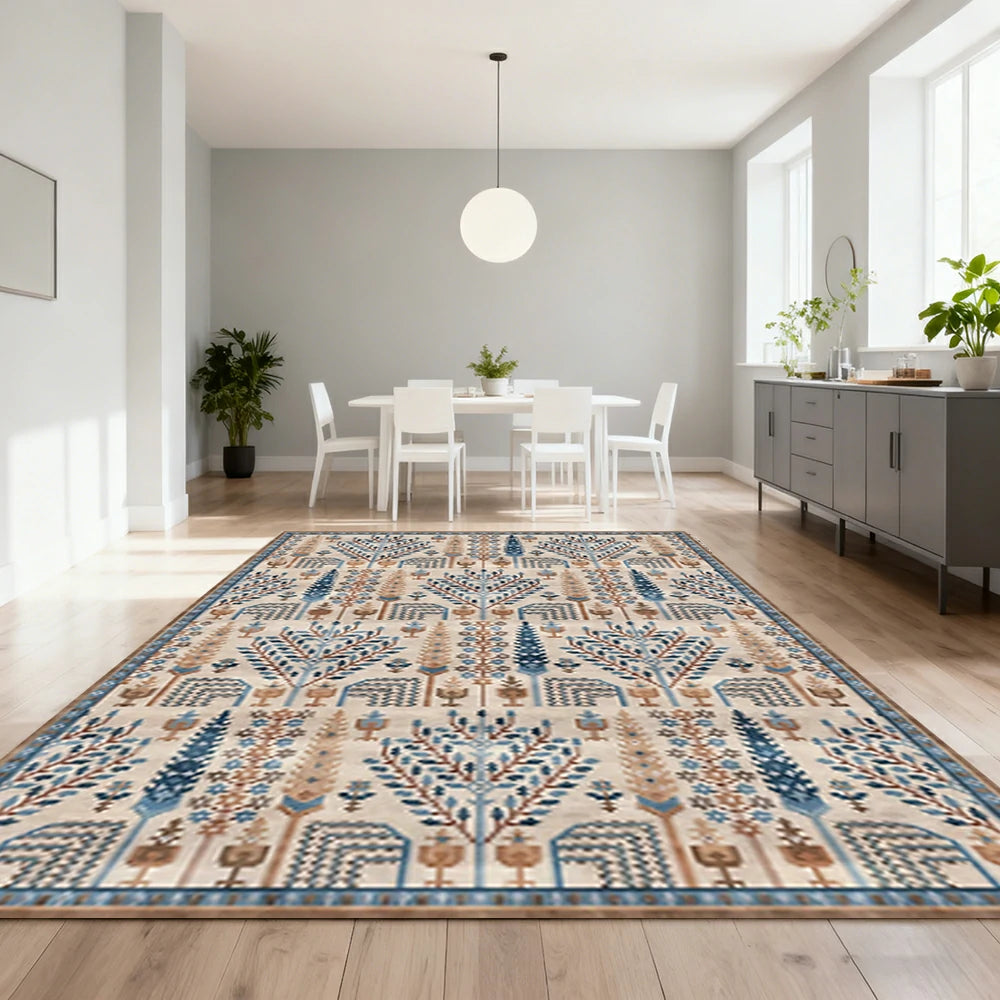 LIVARA 160/200cm Gabbeh Tree-Pattern Loop-Pile Rug - Upgraded Non-Slip Eco Cotton-Latex Backing - Waterproof, Stain-Resistant, Soft & Durable - Beige Blue
