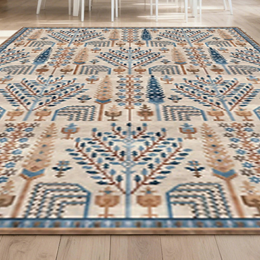 LIVARA 160/200cm Gabbeh Tree-Pattern Loop-Pile Rug - Upgraded Non-Slip Eco Cotton-Latex Backing - Waterproof, Stain-Resistant, Soft & Durable - Beige Blue