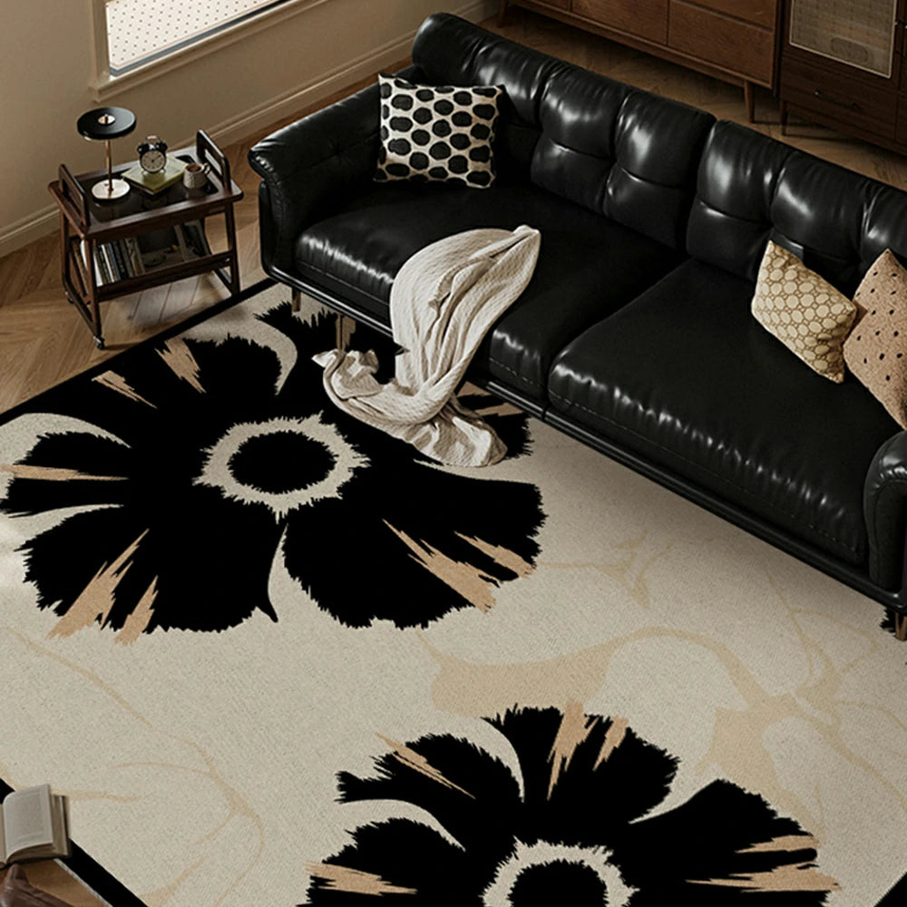 LIVARA 160/200cm Modern Floral Loop-Pile Rug - Upgraded Non-Slip Eco Cotton-Latex Backing - Waterproof, Stain-Resistant, Soft & Durable - Black Beige