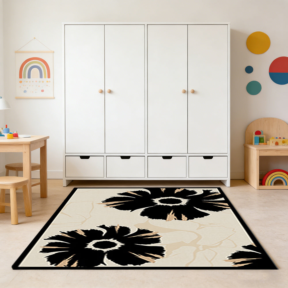 LIVARA 160/200cm Modern Floral Loop-Pile Rug - Upgraded Non-Slip Eco Cotton-Latex Backing - Waterproof, Stain-Resistant, Soft & Durable - Black Beige