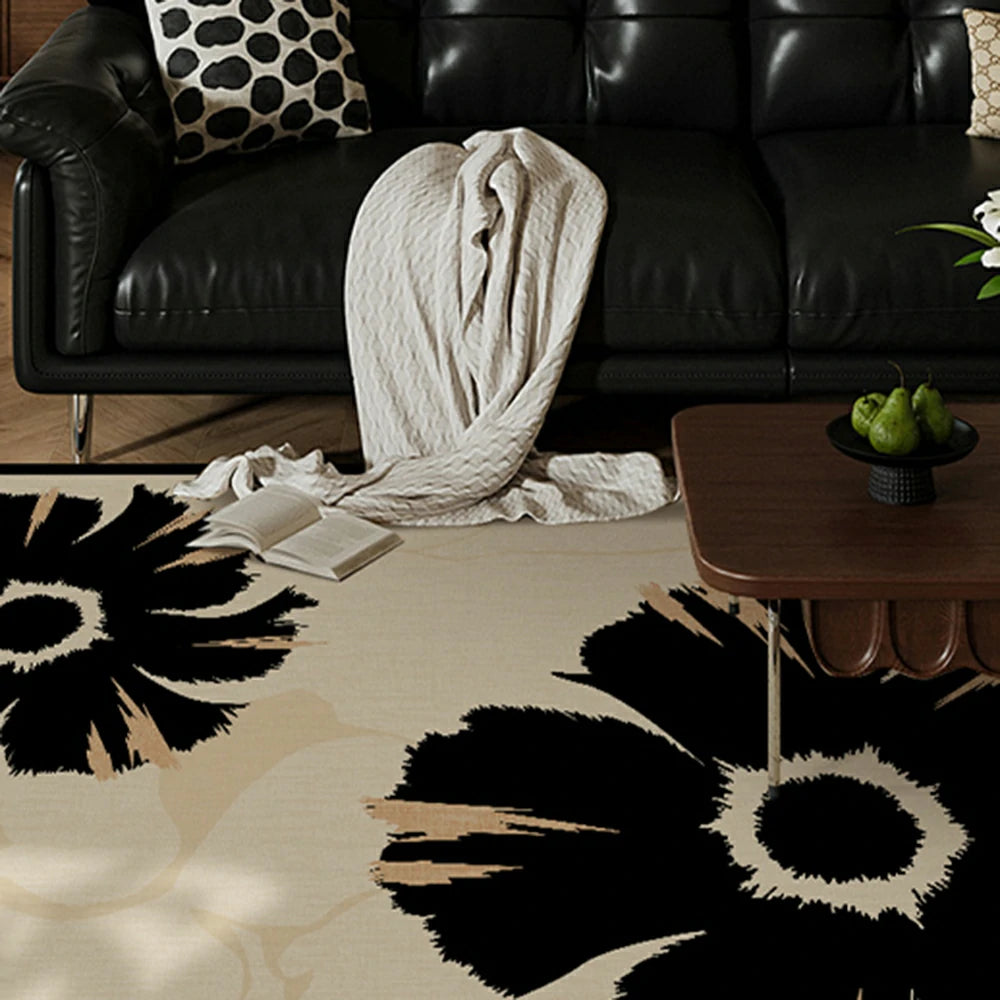 LIVARA 160/200cm Modern Floral Loop-Pile Rug - Upgraded Non-Slip Eco Cotton-Latex Backing - Waterproof, Stain-Resistant, Soft & Durable - Black Beige