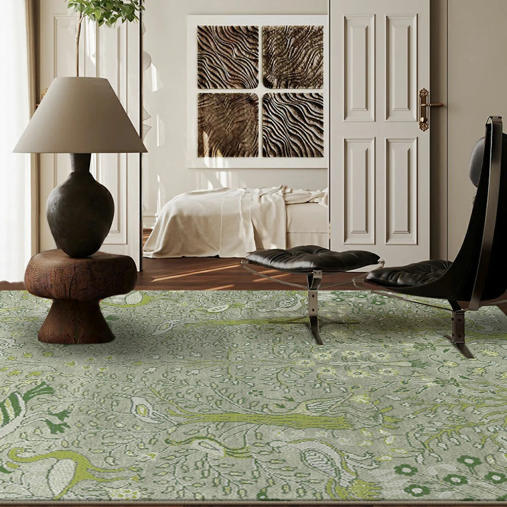 LIVARA 160/200cm Forest Bird Pattern Loop-Pile Rug - Upgraded Non-Slip Eco Cotton-Latex Backing - Waterproof, Stain-Resistant, Soft & Durable - Light Green