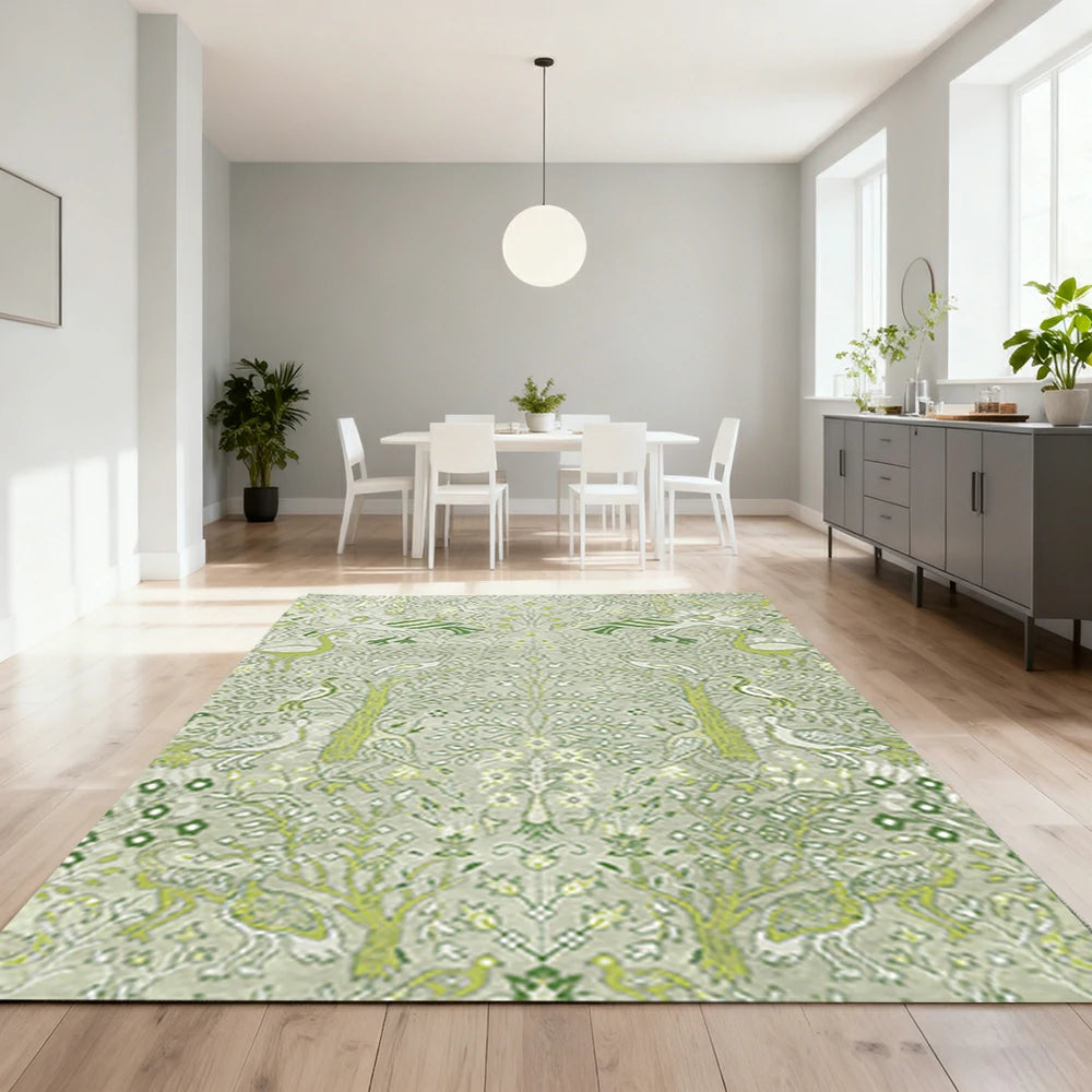 LIVARA 160/200cm Forest Bird Pattern Loop-Pile Rug - Upgraded Non-Slip Eco Cotton-Latex Backing - Waterproof, Stain-Resistant, Soft & Durable - Light Green