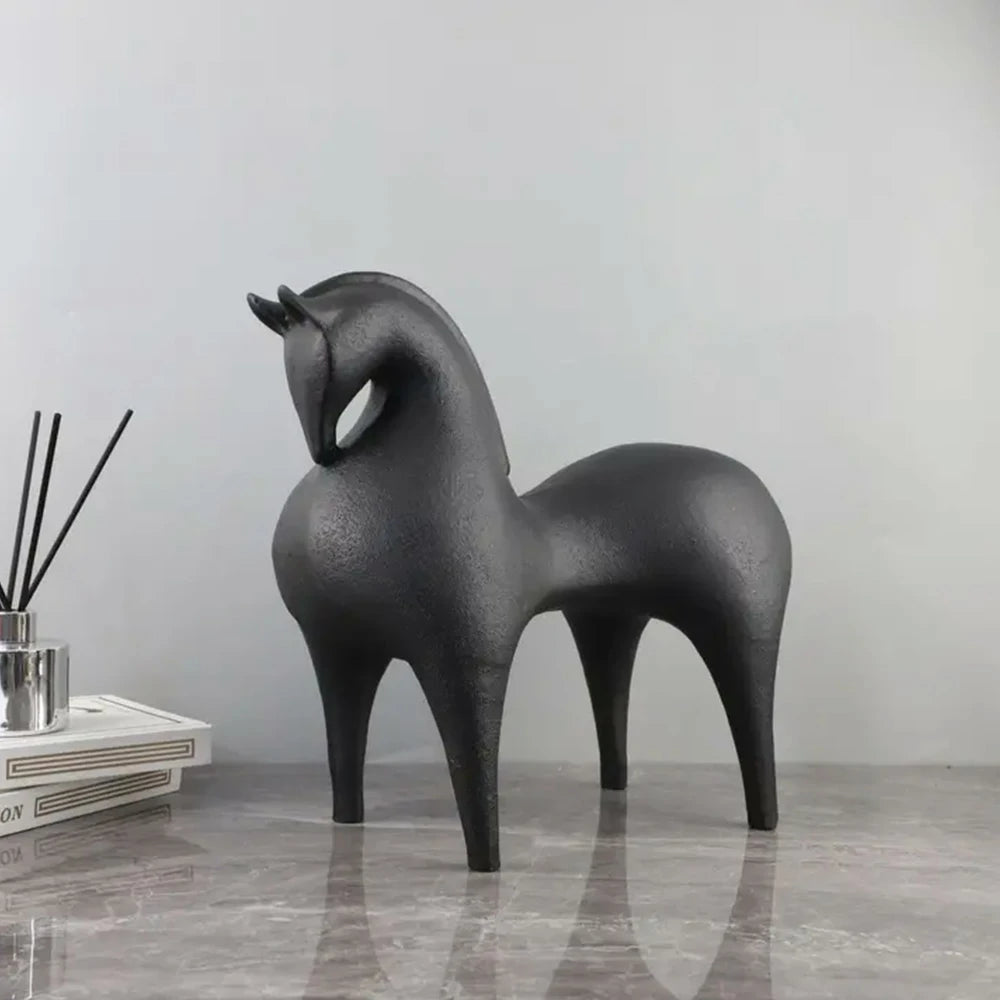 LIVARA Black Horse Ceramic Sculpture Handcrafted Stone-Like Texture Polished Glaze Artistic Design for Modern Spaces