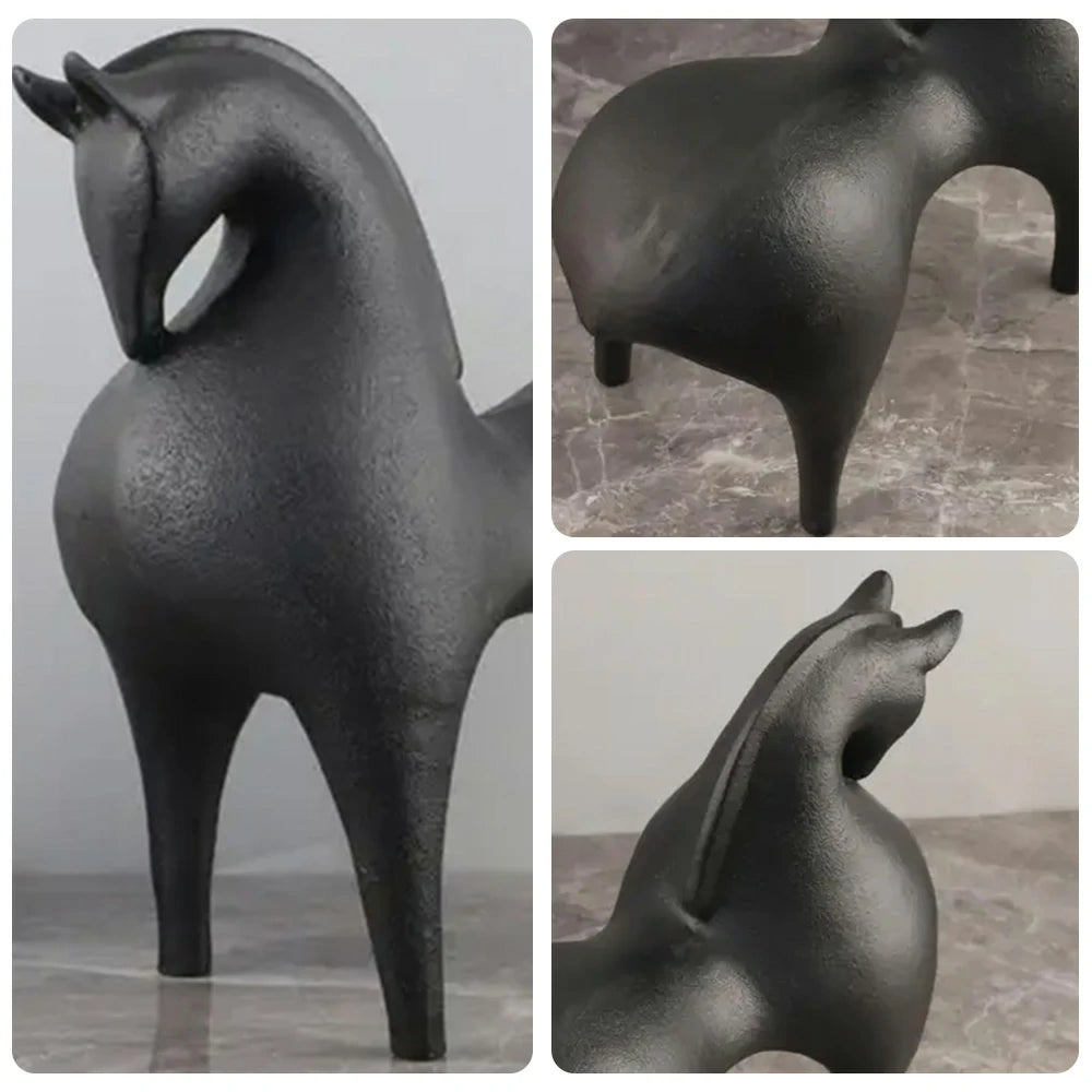LIVARA Black Horse Ceramic Sculpture Handcrafted Stone-Like Texture Polished Glaze Artistic Design for Modern Spaces
