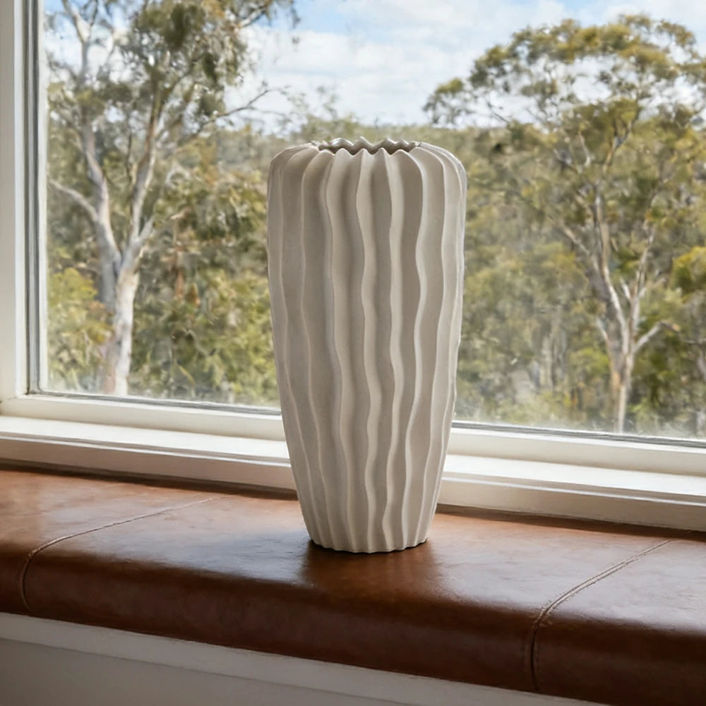 LIVARA Ceramic Decorative Ornament Bana Vase Artistic Display Matte Ceramic Handcrafted Stone-Texture Design - White