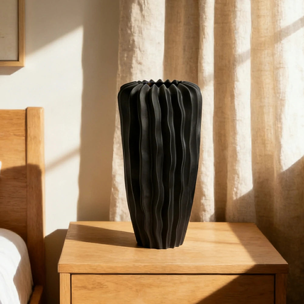 LIVARA Ceramic Decorative Ornament Bana Vase Artistic Display Matte Ceramic Handcrafted Stone-Texture Design - Black