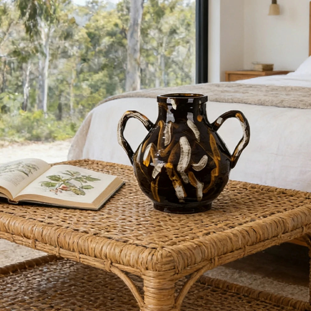 LIVARA Ceramic Decorative Ornament Double-Handle Bulbous Form Artistic Display Matte Ceramic Handcrafted Stone-Texture Design