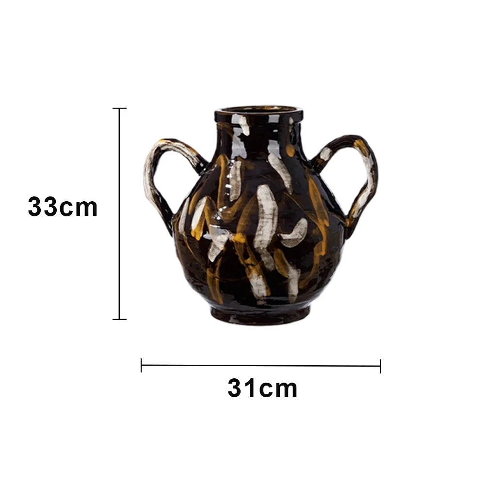 LIVARA Ceramic Decorative Ornament Double-Handle Bulbous Form Artistic Display Matte Ceramic Handcrafted Stone-Texture Design