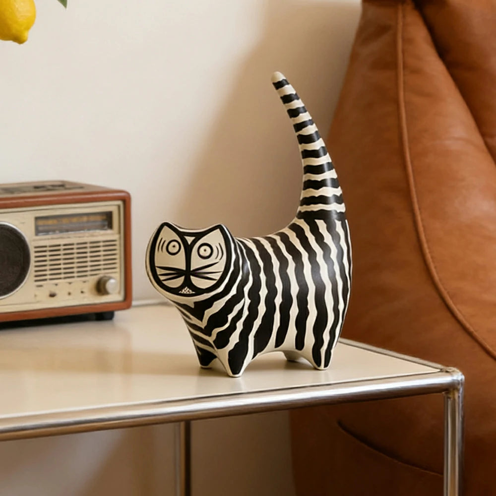 LIVARA Ceramic Decorative Ornament Chartreux Cat Raised-Tail Form Artistic Display Matte Ceramic Handcrafted Stone-Texture Design