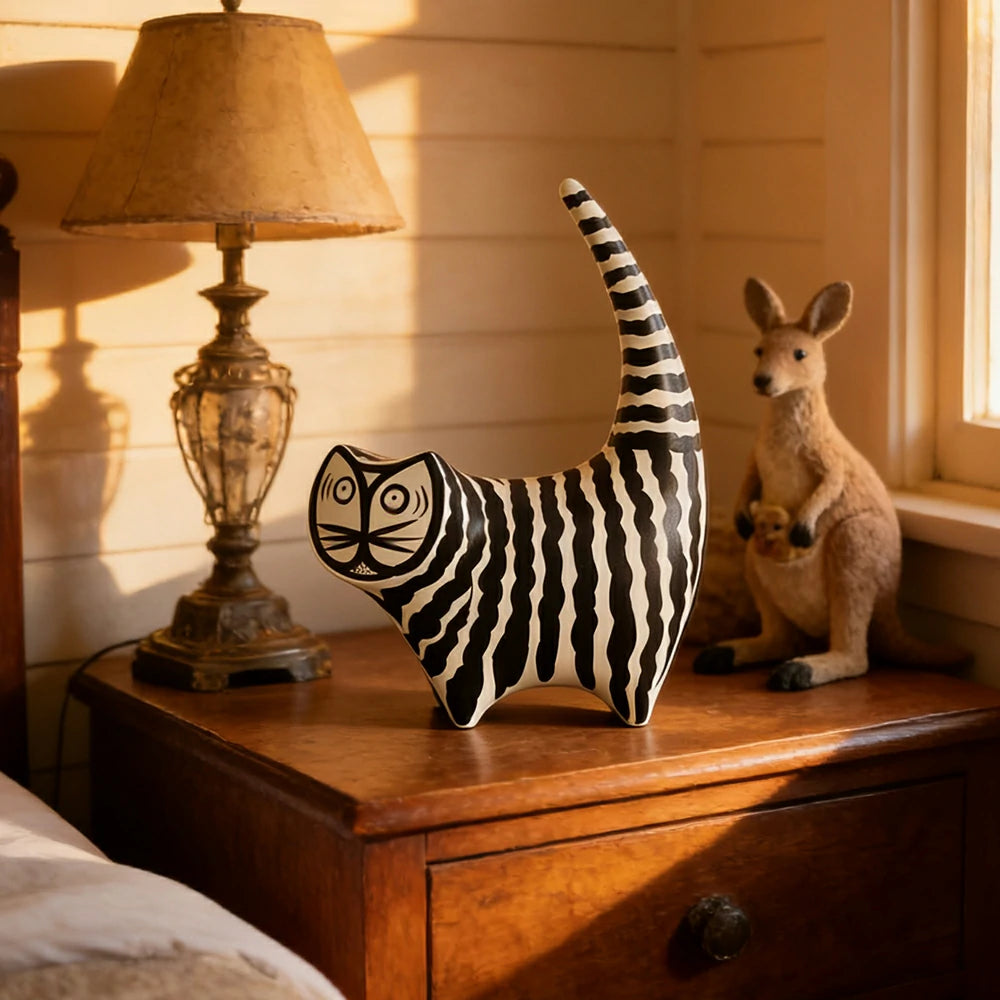 LIVARA Ceramic Decorative Ornament Chartreux Cat Raised-Tail Form Artistic Display Matte Ceramic Handcrafted Stone-Texture Design