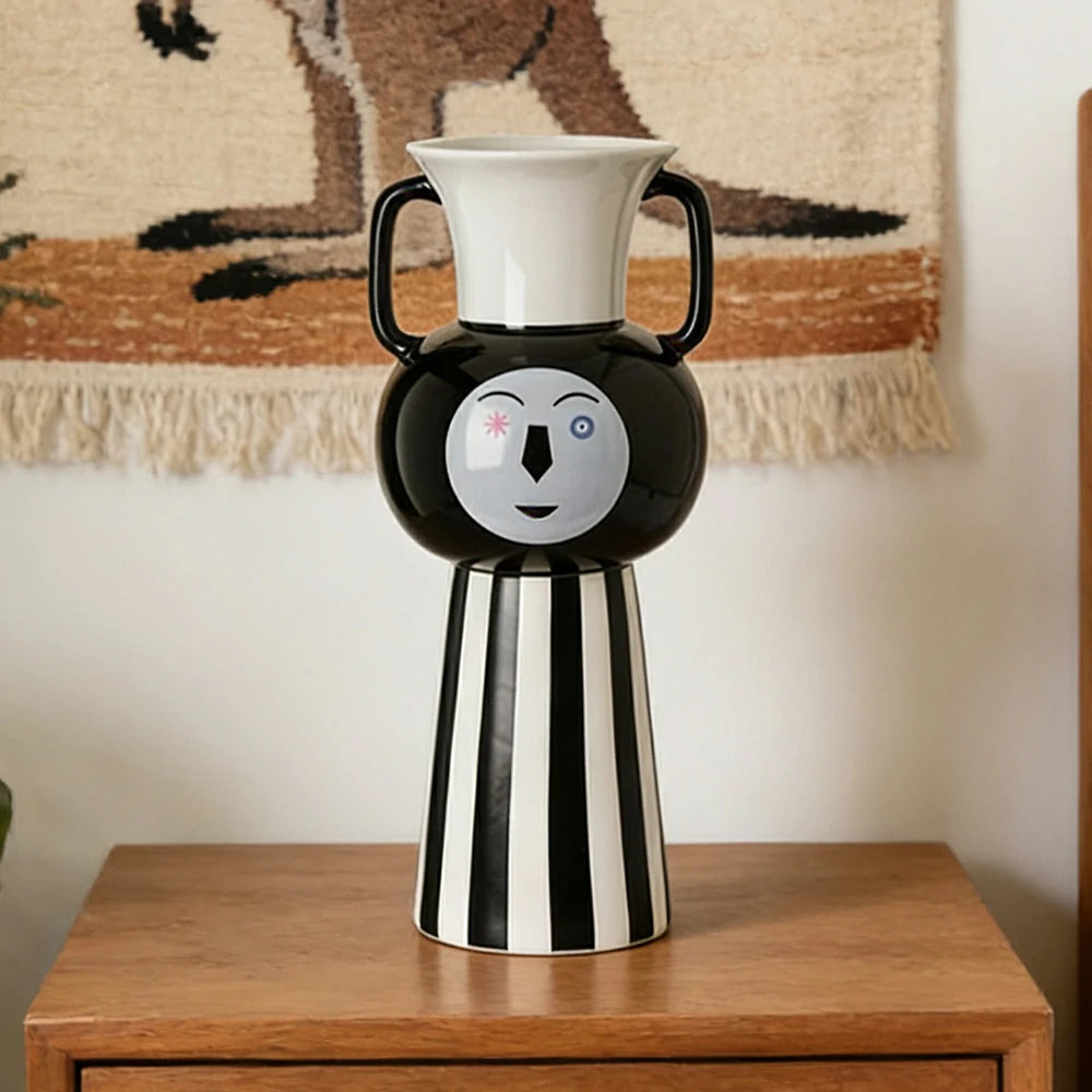 LIVARA Ceramic Decorative Ornament Playful Double-Handle Face Form Artistic Display Matte Ceramic Handcrafted Stone-Texture Design