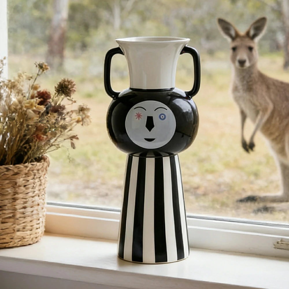 LIVARA Ceramic Decorative Ornament Playful Double-Handle Face Form Artistic Display Matte Ceramic Handcrafted Stone-Texture Design