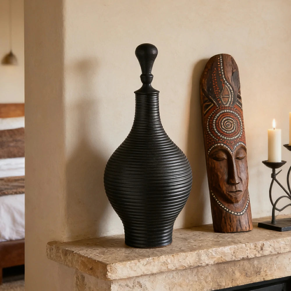 LIVARA Ceramic Decorative Ornament Large Tuzosen Cocoon Jar Form Artistic Display Matte Ceramic Handcrafted Stone-Texture Design