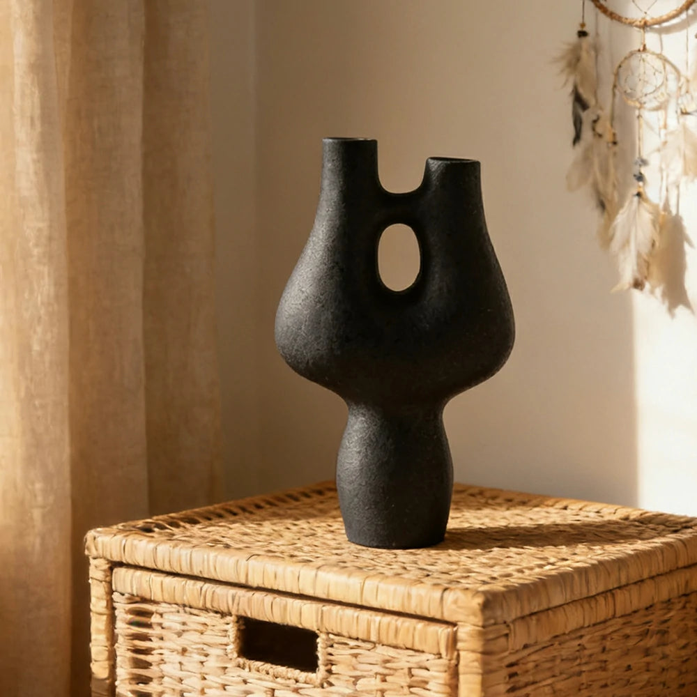 LIVARA Ceramic Decorative Ornament Double-Hole Branch Form Artistic Display Matte Ceramic Handcrafted Stone-Texture Design