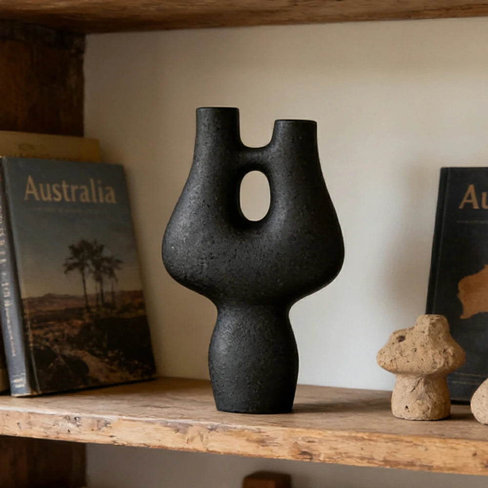 LIVARA Ceramic Decorative Ornament Double-Hole Branch Form Artistic Display Matte Ceramic Handcrafted Stone-Texture Design