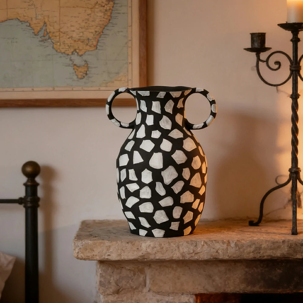 LIVARA Ceramic Decorative Ornament Double-Handle Polka Dot Vase Artistic Display Matte Ceramic Handcrafted Stone-Texture Design