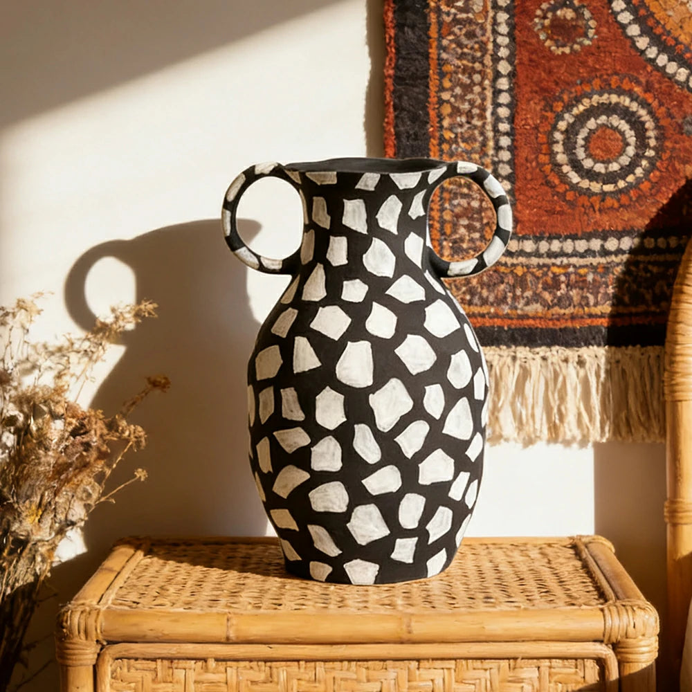LIVARA Ceramic Decorative Ornament Double-Handle Polka Dot Vase Artistic Display Matte Ceramic Handcrafted Stone-Texture Design