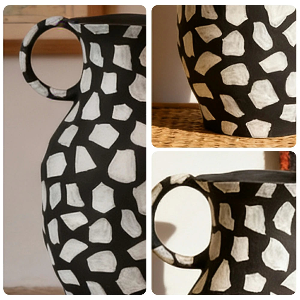 LIVARA Ceramic Decorative Ornament Double-Handle Polka Dot Vase Artistic Display Matte Ceramic Handcrafted Stone-Texture Design