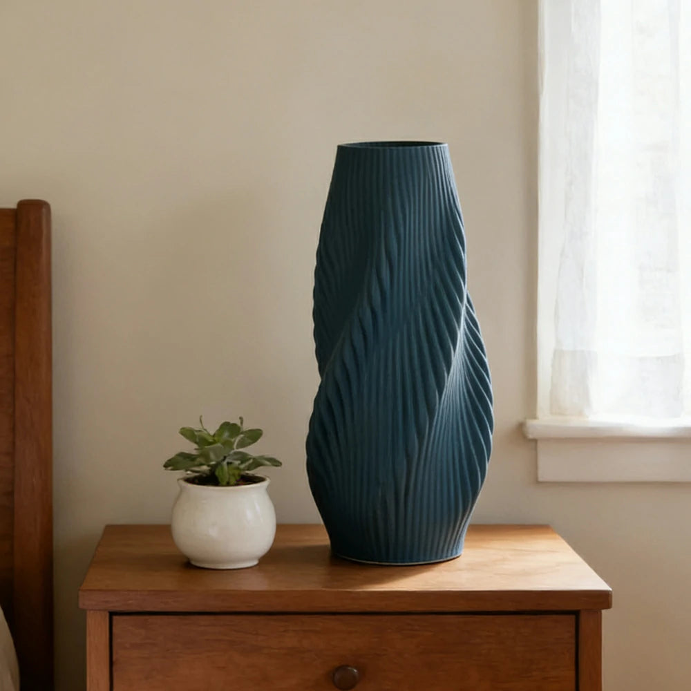 LIVARA Ceramic Decorative Ornament Large Blue Vase Artistic Display Matte Ceramic Handcrafted Stone-Texture Design